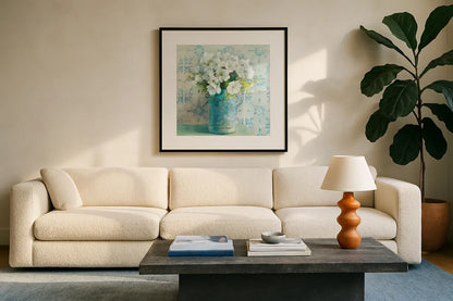 May Blossoms I Crop by Danhui Nai. Displayed in a glass frame with matte in a clean modern living room. Available as an archival giclee rolled canvas, fine art paper, or poster print. SKU 16264a.