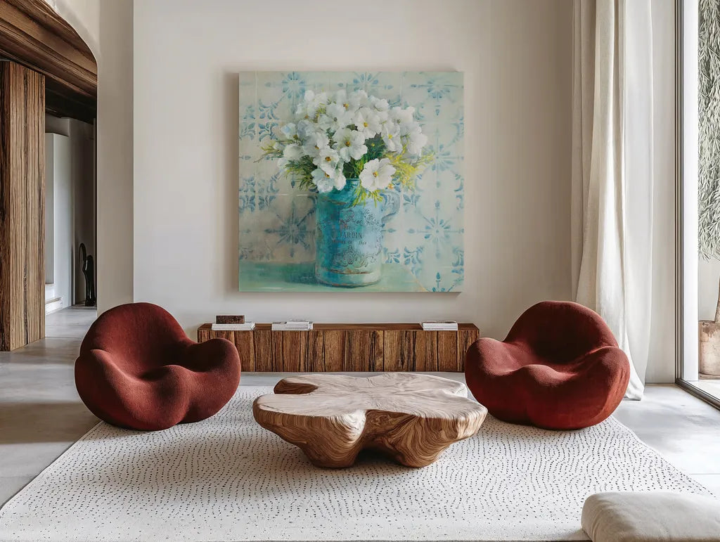 May Blossoms I Crop by Danhui Nai. Shown as extra-large giant wall art in a modern living room. Available as an archival giclee rolled canvas, fine art paper, or poster print. SKU 16264a.