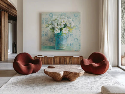 May Blossoms I Crop by Danhui Nai. Shown as extra-large giant wall art in a modern living room. Available as an archival giclee rolled canvas, fine art paper, or poster print. SKU 16264a.
