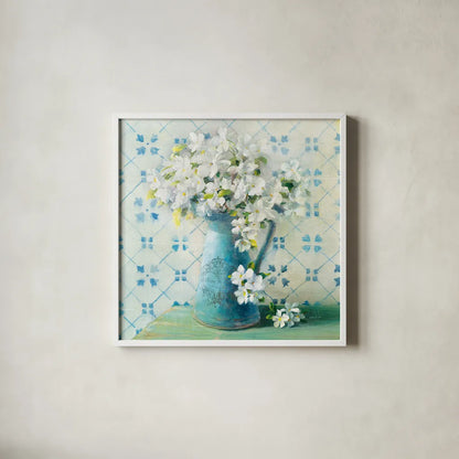 May Blossoms II Crop by Danhui Nai. Shown in a crisp white glass frame for a clean and minimalist style. Available as an archival giclee rolled canvas, fine art paper, or poster print. SKU 16265a.