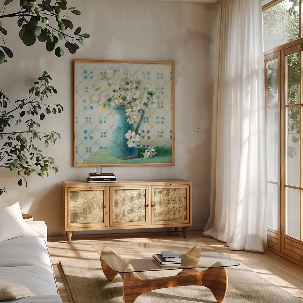 May Blossoms II Crop by Danhui Nai. Shown in a natural wood frame in a cozy modern living room. Available as an archival giclee rolled canvas, fine art paper, or poster print. SKU 16265a.