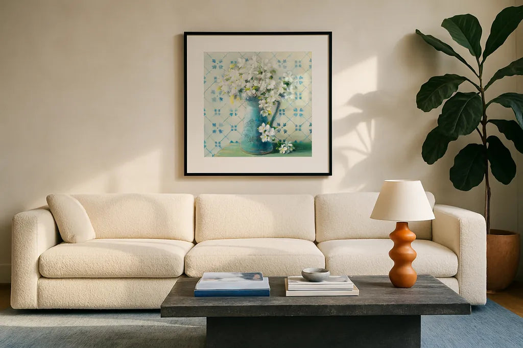 May Blossoms II Crop by Danhui Nai. Displayed in a glass frame with matte in a clean modern living room. Available as an archival giclee rolled canvas, fine art paper, or poster print. SKU 16265a.