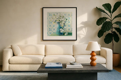 May Blossoms II Crop by Danhui Nai. Displayed in a glass frame with matte in a clean modern living room. Available as an archival giclee rolled canvas, fine art paper, or poster print. SKU 16265a.