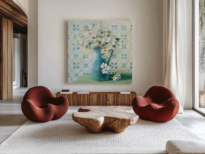 May Blossoms II Crop by Danhui Nai. Shown as extra-large giant wall art in a modern living room. Available as an archival giclee rolled canvas, fine art paper, or poster print. SKU 16265a.