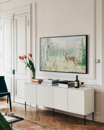 Meadows Edge I by Danhui Nai. shown as a framed stretched canvas in a living room above a console. Available as a archival giclee rolled canvas, fine art paper, or poster print. SKU 61968i.