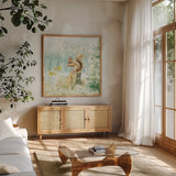 Meadows Edge VI by Danhui Nai. Shown in a natural wood frame in a cozy modern living room. Available as an archival giclee rolled canvas, fine art paper, or poster print. SKU 61973a.
