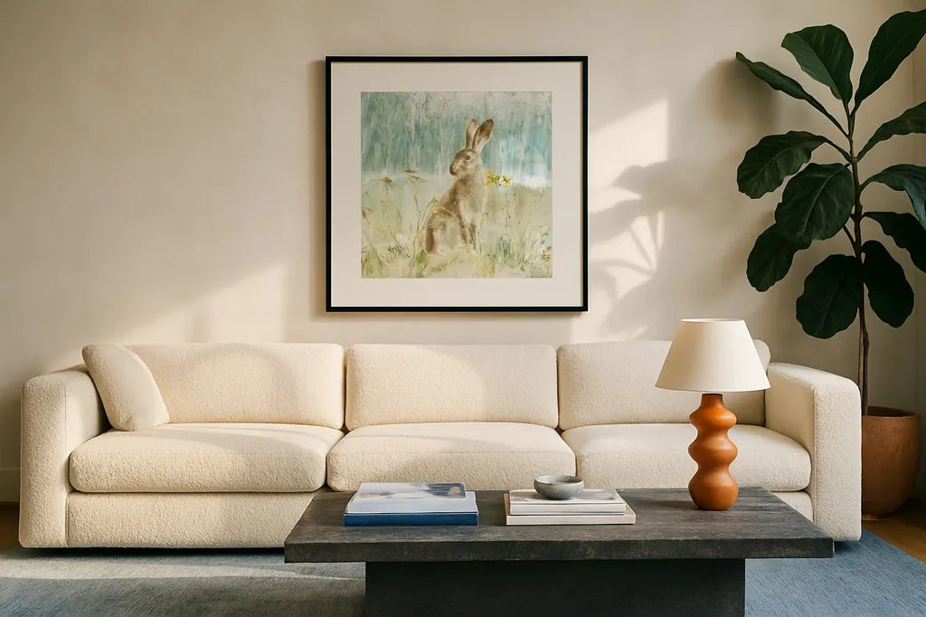 Meadows Edge VII by Danhui Nai. Displayed in a glass frame with matte in a clean modern living room. Available as an archival giclee rolled canvas, fine art paper, or poster print. SKU 61974a.