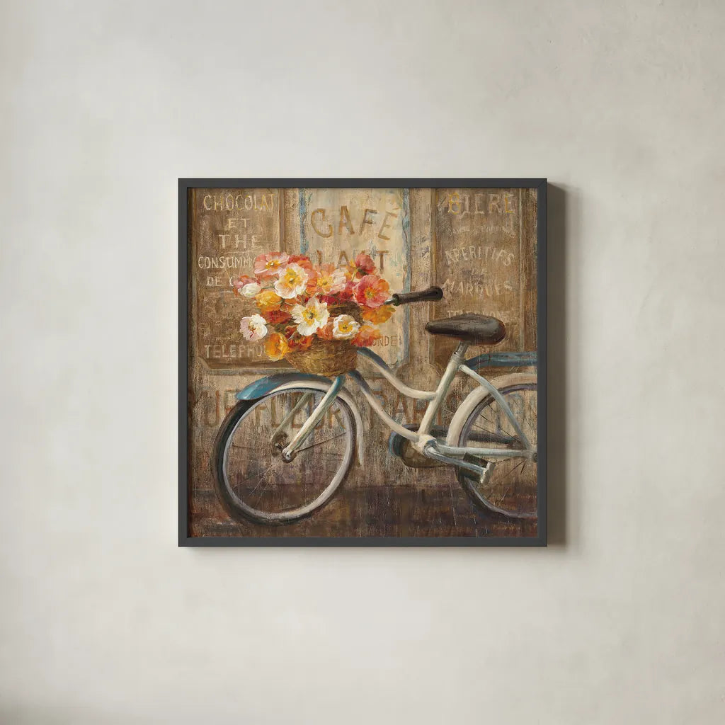 Meet Me at Le Cafe II by Danhui Nai. Shown in a sleek black glass frame for a contemporary gallery look. Available as an archival giclee rolled canvas, fine art paper, or poster print. SKU 10376a.