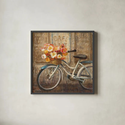 Meet Me at Le Cafe II by Danhui Nai. Shown in a sleek black glass frame for a contemporary gallery look. Available as an archival giclee rolled canvas, fine art paper, or poster print. SKU 10376a.