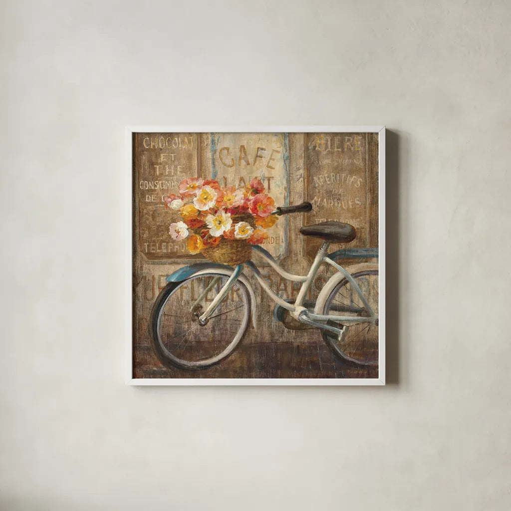 Meet Me at Le Cafe II by Danhui Nai. Shown in a crisp white glass frame for a clean and minimalist style. Available as an archival giclee rolled canvas, fine art paper, or poster print. SKU 10376a.