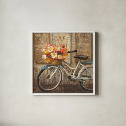 Meet Me at Le Cafe II by Danhui Nai. Shown in a crisp white glass frame for a clean and minimalist style. Available as an archival giclee rolled canvas, fine art paper, or poster print. SKU 10376a.