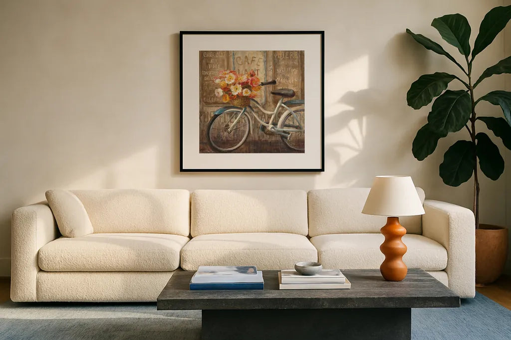 Meet Me at Le Cafe II by Danhui Nai. Displayed in a glass frame with matte in a clean modern living room. Available as an archival giclee rolled canvas, fine art paper, or poster print. SKU 10376a.
