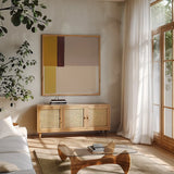 Mellow by Danhui Nai. Shown in a natural wood frame in a cozy modern living room. Available as an archival giclee rolled canvas, fine art paper, or poster print. SKU 85839a.