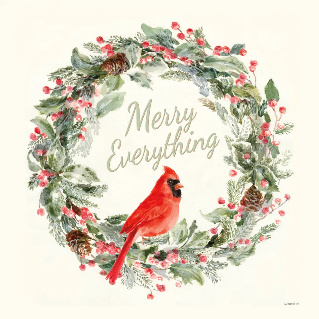 Merry Everything Wreath by Danhui Nai. SKU 79999a. Archival Giclee Fine art print for wall decor.