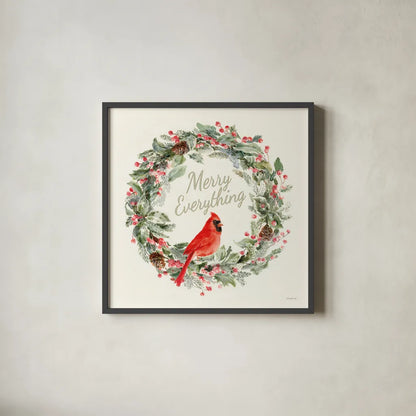 Merry Everything Wreath by Danhui Nai. Shown in a sleek black glass frame for a contemporary gallery look. Available as an archival giclee rolled canvas, fine art paper, or poster print. SKU 79999a.
