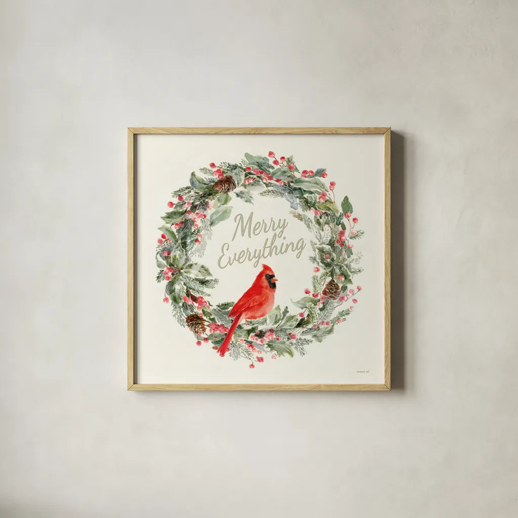 Merry Everything Wreath by Danhui Nai. Shown in a natural wood glass frame for a timeless modern aesthetic. Available as an archival giclee rolled canvas, fine art paper, or poster print. SKU 79999a.