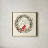 Merry Everything Wreath by Danhui Nai. Shown in a natural wood glass frame for a timeless modern aesthetic. Available as an archival giclee rolled canvas, fine art paper, or poster print. SKU 79999a.
