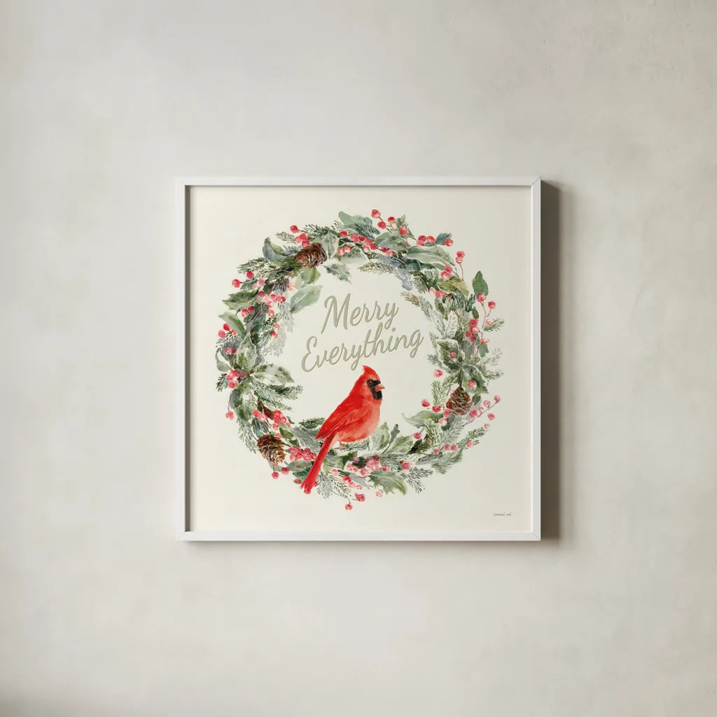 Merry Everything Wreath by Danhui Nai. Shown in a crisp white glass frame for a clean and minimalist style. Available as an archival giclee rolled canvas, fine art paper, or poster print. SKU 79999a.