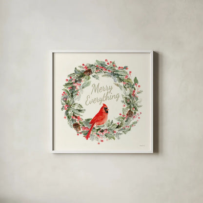 Merry Everything Wreath by Danhui Nai. Shown in a crisp white glass frame for a clean and minimalist style. Available as an archival giclee rolled canvas, fine art paper, or poster print. SKU 79999a.