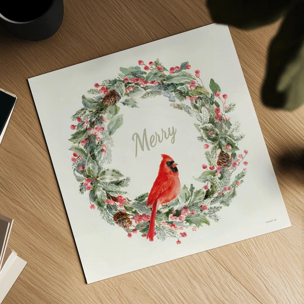 Merry Wreath by Danhui Nai. Shown as a detailed flat fine art print, highlighting archival giclee quality. Available as an archival giclee rolled canvas, fine art paper, or poster print. SKU 83287a.