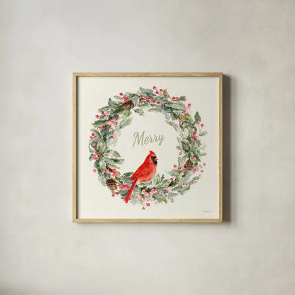 Merry Wreath by Danhui Nai. Shown in a natural wood glass frame for a timeless modern aesthetic. Available as an archival giclee rolled canvas, fine art paper, or poster print. SKU 83287a.