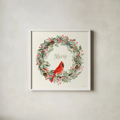 Merry Wreath by Danhui Nai. Shown in a crisp white glass frame for a clean and minimalist style. Available as an archival giclee rolled canvas, fine art paper, or poster print. SKU 83287a.