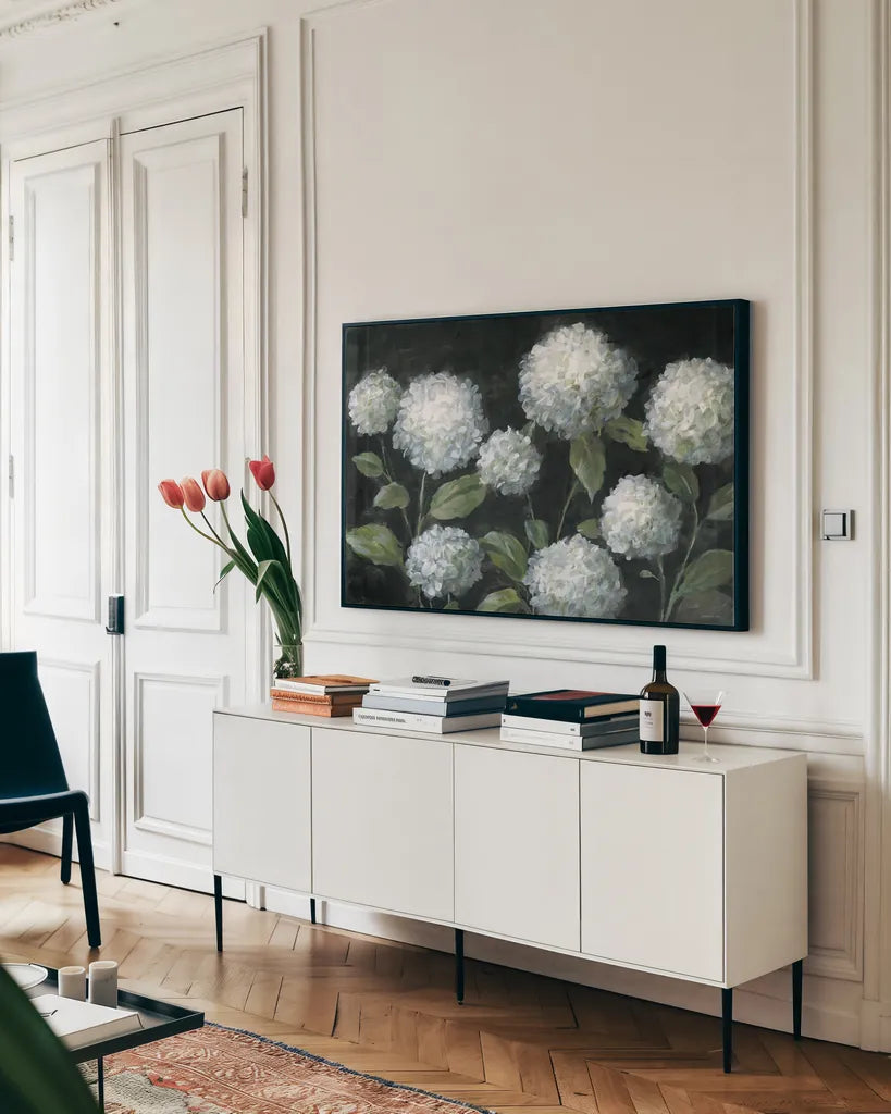 Midnight Garden by Danhui Nai. shown as a framed stretched canvas in a living room above a console. Available as a archival giclee rolled canvas, fine art paper, or poster print. SKU 92540i.