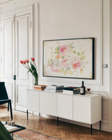 Midsummer III Gold by Danhui Nai. shown as a framed stretched canvas in a living room above a console. Available as a archival giclee rolled canvas, fine art paper, or poster print. SKU 27725i.