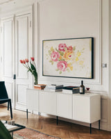 Midsummer IV Gold by Danhui Nai. shown as a framed stretched canvas in a living room above a console. Available as a archival giclee rolled canvas, fine art paper, or poster print. SKU 27726i.