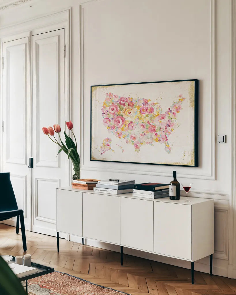 Midsummer USA by Danhui Nai. shown as a framed stretched canvas in a living room above a console. Available as a archival giclee rolled canvas, fine art paper, or poster print. SKU 26198i.