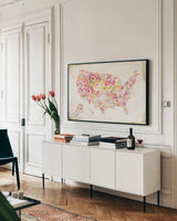 Midsummer USA by Danhui Nai. shown as a framed stretched canvas in a living room above a console. Available as a archival giclee rolled canvas, fine art paper, or poster print. SKU 26198i.