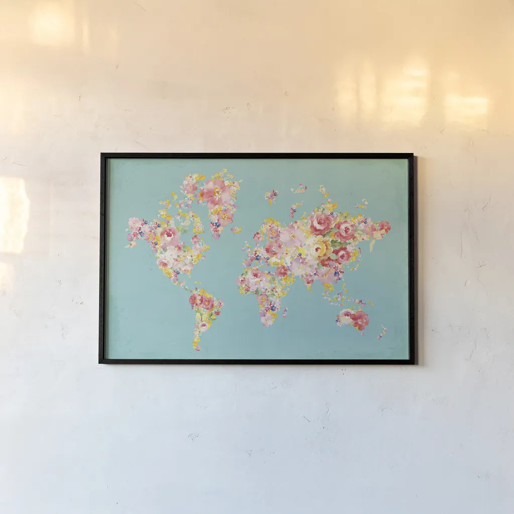 Midsummer World Turquoise by Danhui Nai. shown as a paper print in a black flame. Available as a archival giclee rolled canvas, fine art paper, or poster print. SKU 49368i.