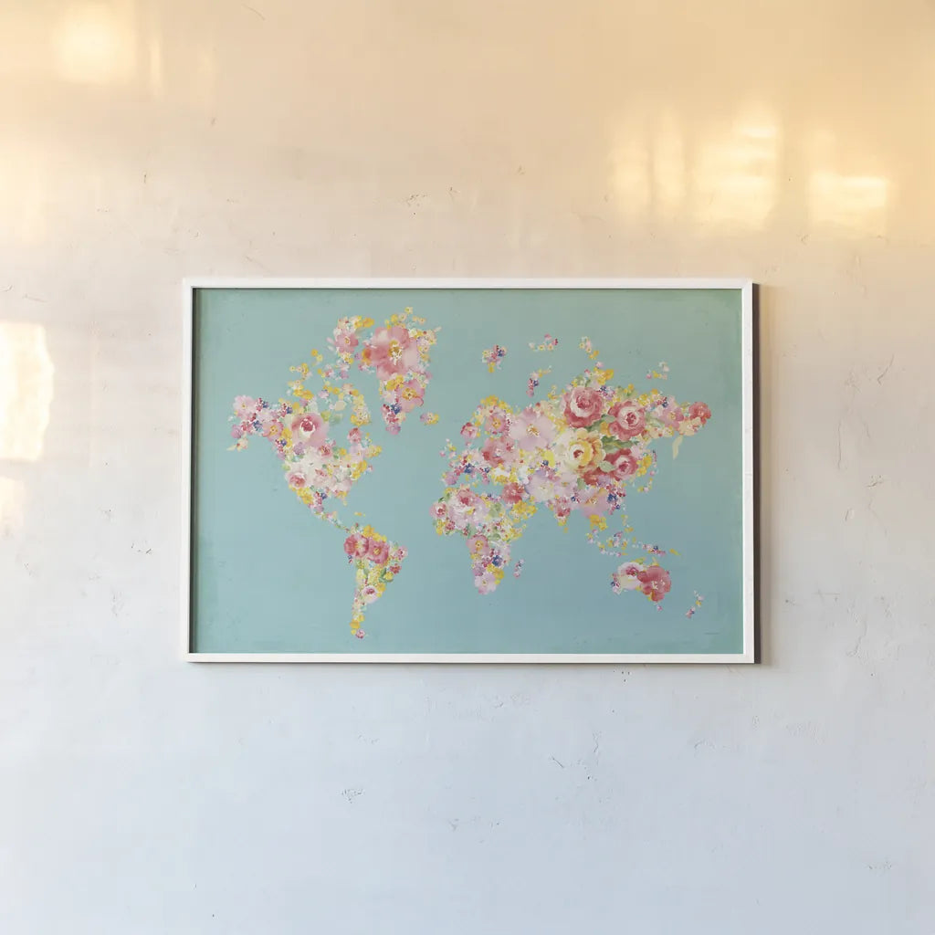 Midsummer World Turquoise by Danhui Nai. shown as a paper print in a white frame. Available as a archival giclee rolled canvas, fine art paper, or poster print. SKU 49368i.