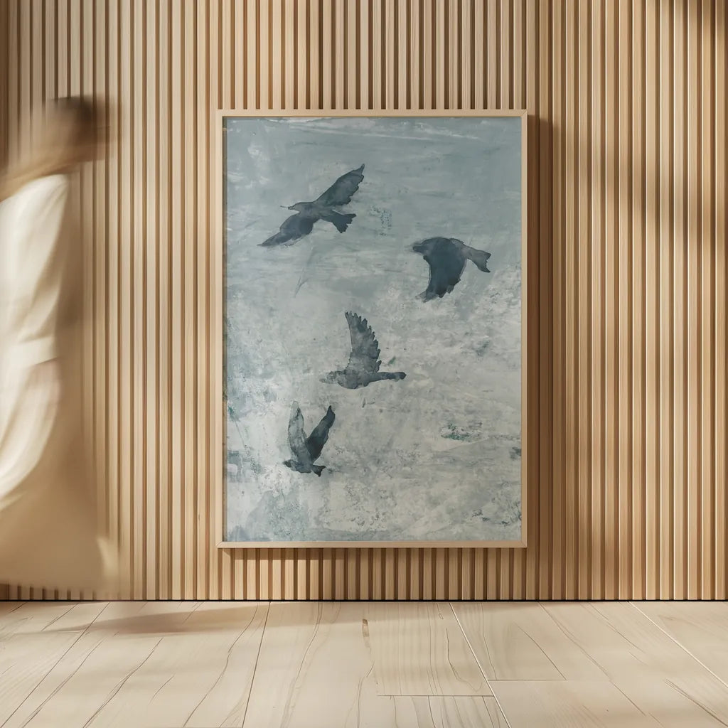 Migration Blue Panel I by Danhui Nai. shown as over sized large wall art. Available as an archival giclee rolled canvas, fine art paper, or poster print. SKU 90164h.