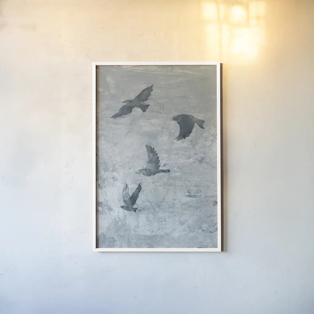 Migration Blue Panel I by Danhui Nai. shown as a paper print in a white frame. Available as a archival giclee rolled canvas, fine art paper, or poster print. SKU 90164h.