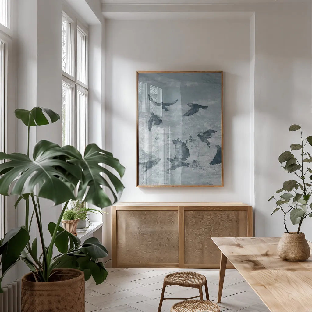 Migration Blue Panel II by Danhui Nai. shown as a print in a natural wood frame in a dining room. Available as a archival giclee rolled canvas, fine art paper, or poster print. SKU 90165h.