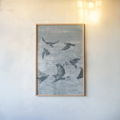 Migration Blue Panel II by Danhui Nai. shown as a paper print in a natural frame. Available as a archival giclee rolled canvas, fine art paper, or poster print. SKU 90165h.