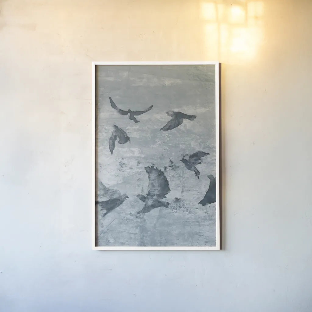 Migration Blue Panel II by Danhui Nai. shown as a paper print in a white frame. Available as a archival giclee rolled canvas, fine art paper, or poster print. SKU 90165h.