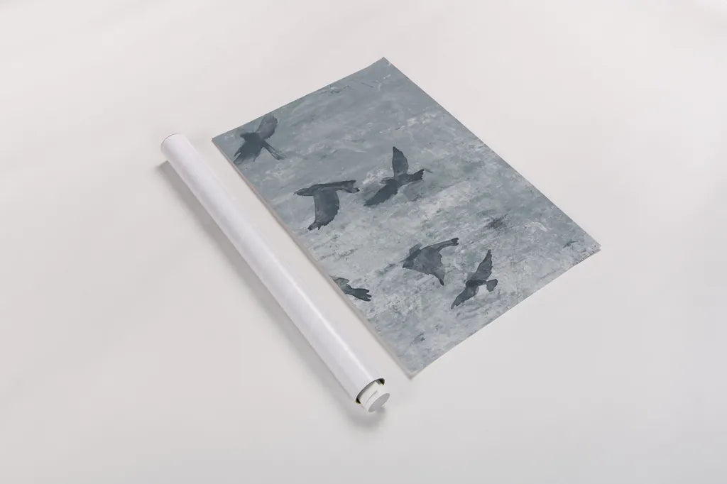 Migration Blue Panel III by Danhui Nai. shown as a rolled paper print. Available as archival giclee rolled canvas, fine art paper, or poster print. SKU 90166h.