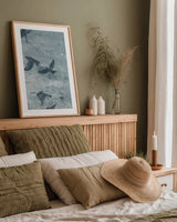 Migration Blue Panel III by Danhui Nai. shown as a paper print in a natural frame. Available as a archival giclee rolled canvas, fine art paper, or poster print. SKU 90166h.