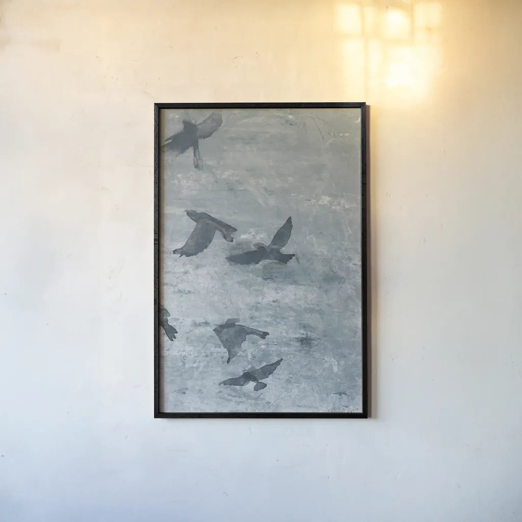Migration Blue Panel III by Danhui Nai. shown as a paper print in a black flame. Available as a archival giclee rolled canvas, fine art paper, or poster print. SKU 90166h.