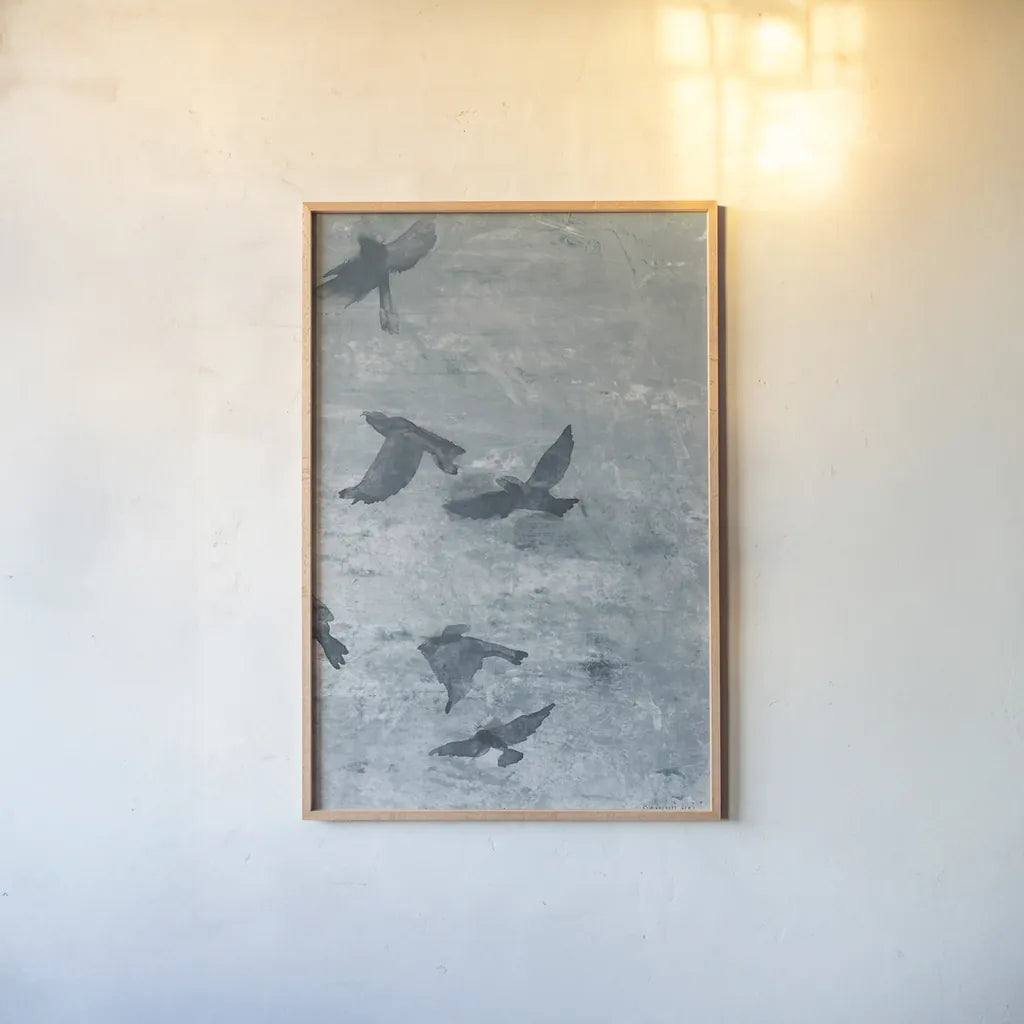 Migration Blue Panel III by Danhui Nai. shown as a paper print in a natural frame. Available as a archival giclee rolled canvas, fine art paper, or poster print. SKU 90166h.