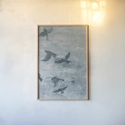 Migration Blue Panel III by Danhui Nai. shown as a paper print in a natural frame. Available as a archival giclee rolled canvas, fine art paper, or poster print. SKU 90166h.