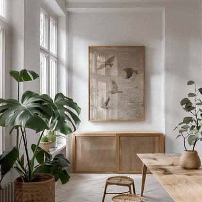 Migration Brown Panel I by Danhui Nai. shown as a print in a natural wood frame in a dining room. Available as a archival giclee rolled canvas, fine art paper, or poster print. SKU 94455h.