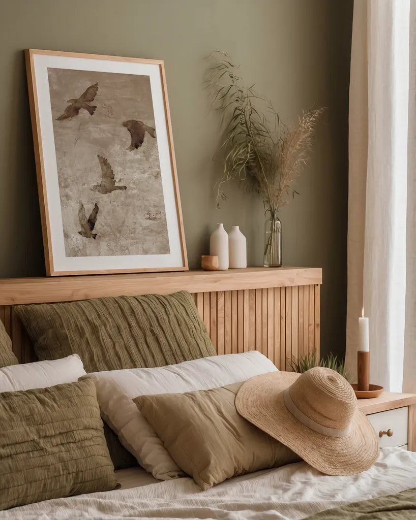 Migration Brown Panel I by Danhui Nai. shown as a paper print in a natural frame. Available as a archival giclee rolled canvas, fine art paper, or poster print. SKU 94455h.