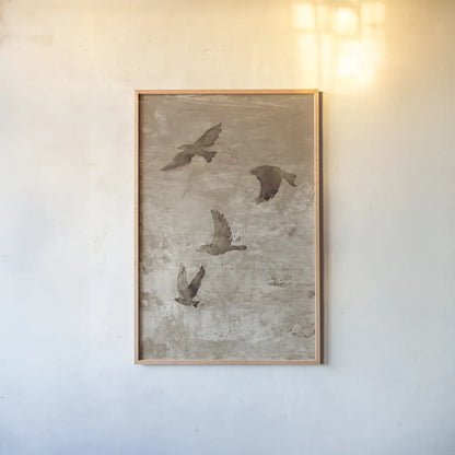 Migration Brown Panel I by Danhui Nai. shown as a paper print in a natural frame. Available as a archival giclee rolled canvas, fine art paper, or poster print. SKU 94455h.