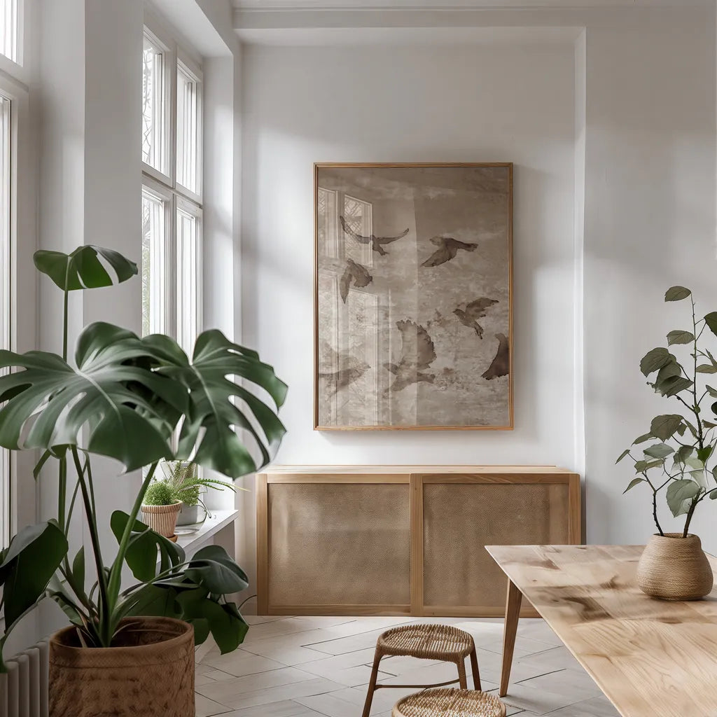 Migration Brown Panel II by Danhui Nai. shown as a print in a natural wood frame in a dining room. Available as a archival giclee rolled canvas, fine art paper, or poster print. SKU 94456h.