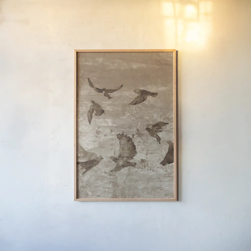 Migration Brown Panel II by Danhui Nai. shown as a paper print in a natural frame. Available as a archival giclee rolled canvas, fine art paper, or poster print. SKU 94456h.