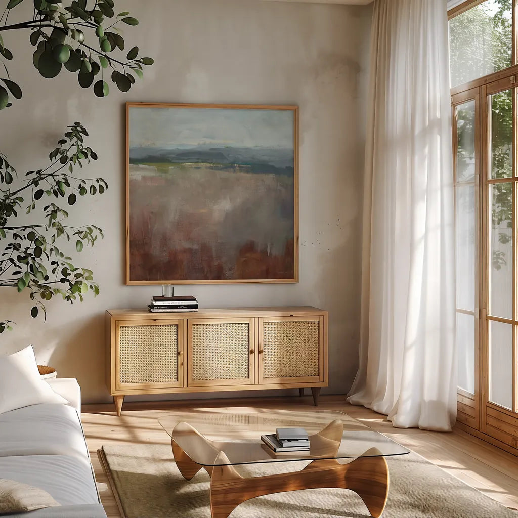 Mineral by Danhui Nai. Shown in a natural wood frame in a cozy modern living room. Available as an archival giclee rolled canvas, fine art paper, or poster print. SKU 79294a.