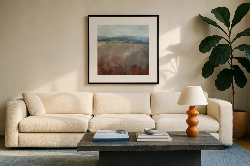 Mineral by Danhui Nai. Displayed in a glass frame with matte in a clean modern living room. Available as an archival giclee rolled canvas, fine art paper, or poster print. SKU 79294a.